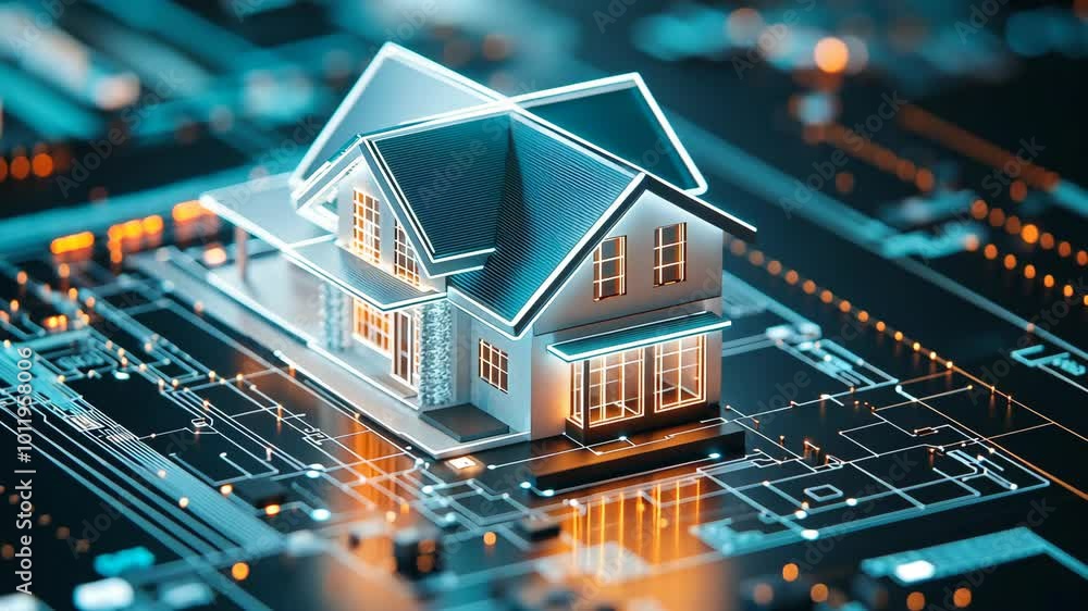 A 3D model of a house sits on a circuit board, representing smart home technology A 3D model of a house sits on a circuit board, representing smart home technology