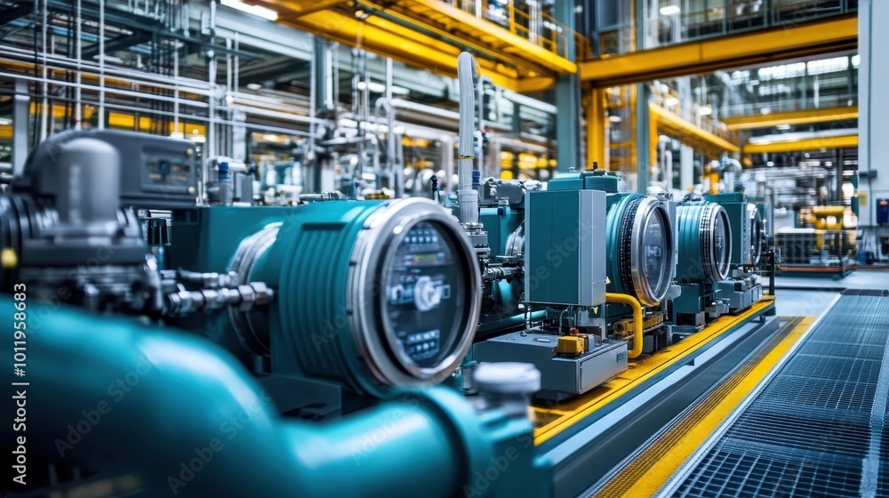 Energy-efficient industrial equipment in a factory setting, reducing energy consumption while maintaining output. Energy-efficient industrial equipment in a factory setting, reducing energy consumption while maintaining output.