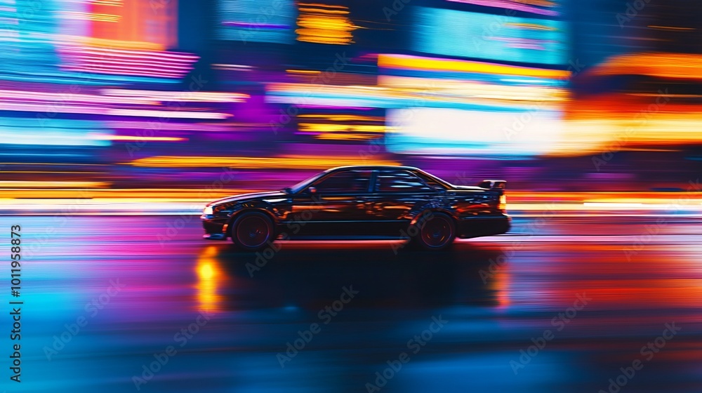 A fast-moving car races through the neon-lit streets of Shanghai, China, at night. A fast-moving car races through the neon-lit streets of Shanghai, China, at night.