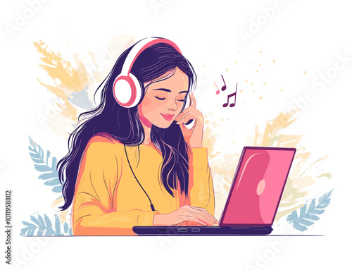 young female listening to music on laptop using headphones vector remote office