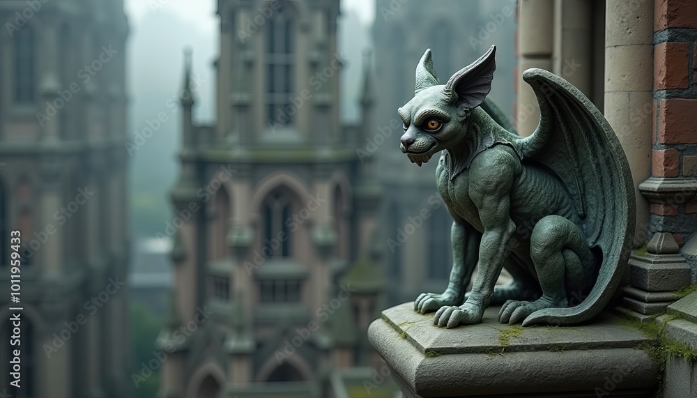 Naklejka premium Gargoyle statue with watchful expression against gothic architecture
