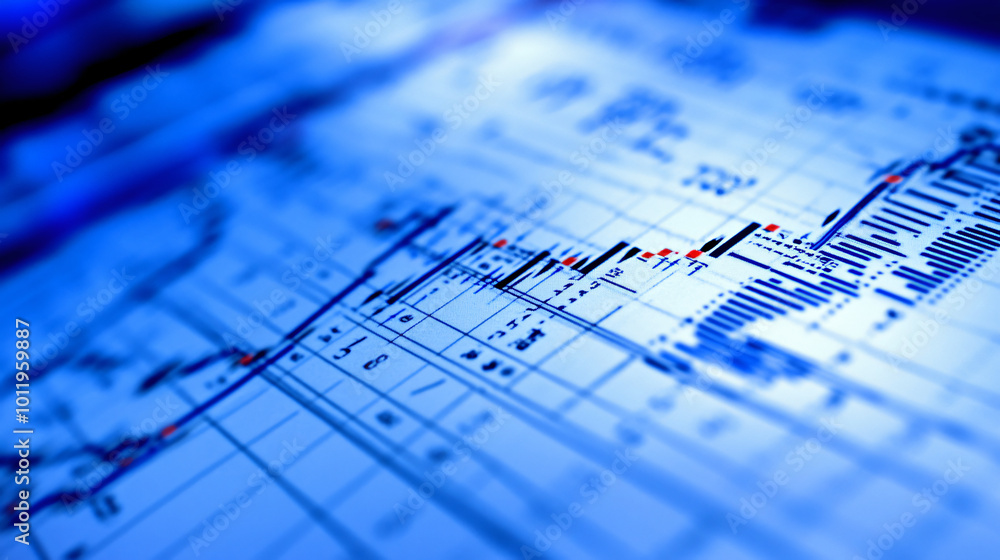 Macro close-up of a stock market investment trading chart displayed in blue, analyzing data with candlestick graphs Macro close-up of a stock market investment trading chart displayed in blue, analyzing data with candlestick graphs