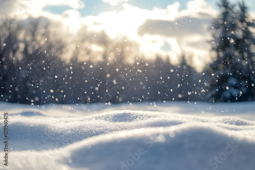 Snowy landscape with soft snowdrifts and gentle falling snow, set against a blurred background of winter trees and a cloudy sky