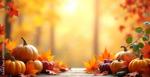 Autumn still life, pumpkin, yellow leaves, wooden table, Halloween concept, banner
