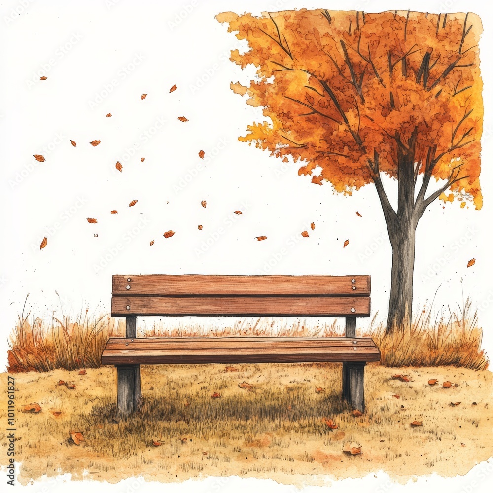 Watercolor Autumn Park Scene with Bench and Falling Leaves, Vintage Style Watercolor Autumn Park Scene with Bench and Falling Leaves, Vintage Style