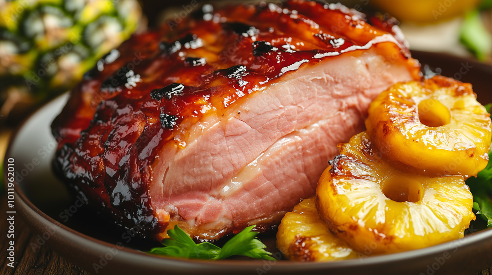 A juicy slice of glazed ham with caramelized pineapple slices on a plate. The shiny crust on the ham adds an appetizing look A juicy slice of glazed ham with caramelized pineapple slices on a plate. The shiny crust on the ham adds an appetizing look