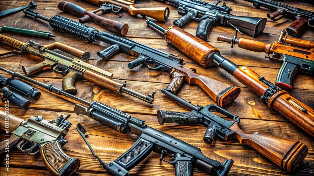 Collection of Various Firearms Displayed on a Wooden Table with Ample Natural Lighting and Shadows Collection of Various Firearms Displayed on a Wooden Table with Ample Natural Lighting and Shadows