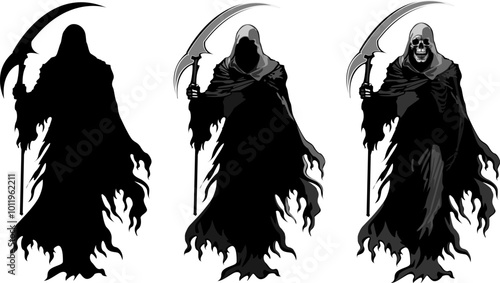 Mysterious and haunting hand drawn illustration of the Grim Reaper, symbolizing the inevitable cycle of life and death.