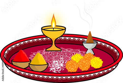 Pooja aarti thali plate illustration with flowers and diya 