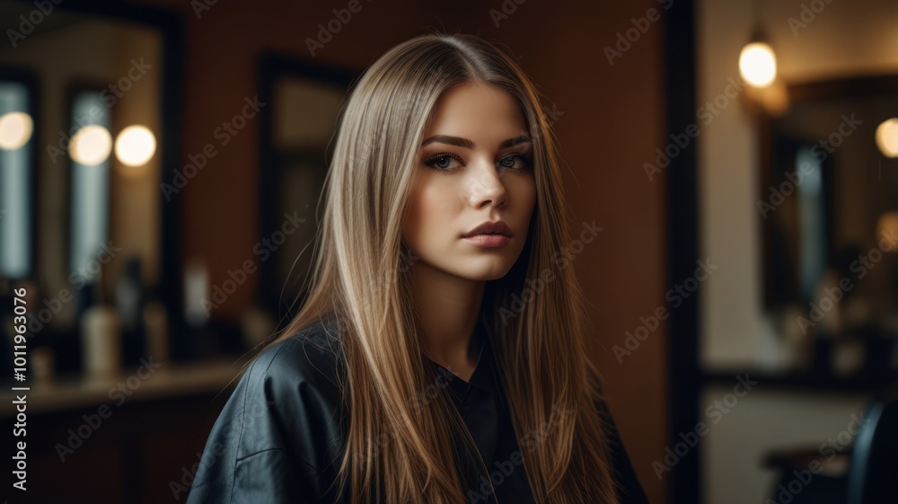 Obraz premium A young woman with long brown hair sits in a barber shop, waiting for her haircut.