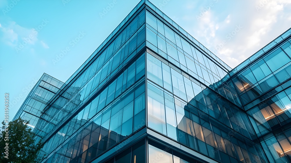 A sleek, modern glass building with sharp angles and a blue-tinted facade, reflecting contemporary office design A sleek, modern glass building with sharp angles and a blue-tinted facade, reflecting contemporary office design
