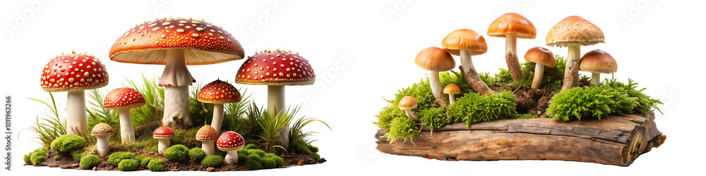 Mushrooms on a mossy wood piece, scenery item, isolated on a white background.AI GENERATED Mushrooms on a mossy wood piece, scenery item, isolated on a white background.AI GENERATED