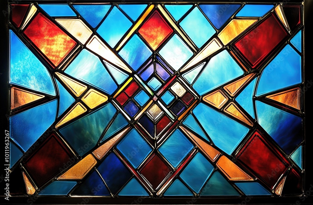 A stained glass window with an art deco design featuring geometric shapes and bold colors A stained glass window with an art deco design featuring geometric shapes and bold colors