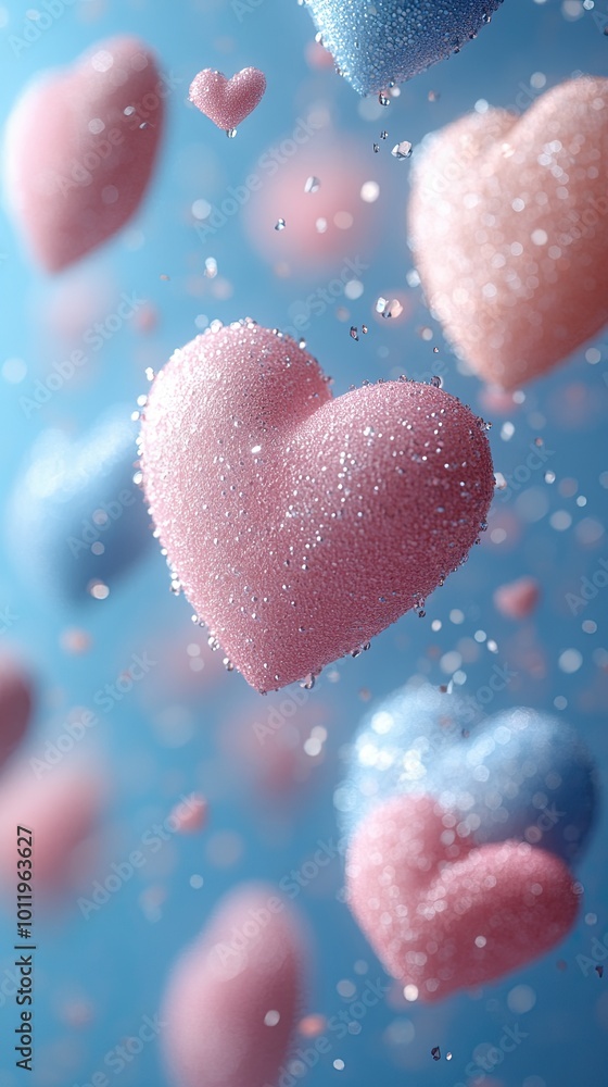 Obraz premium A blue background with pastel-colored hearts. Space for text. Wallpaper, banner, poster, background.