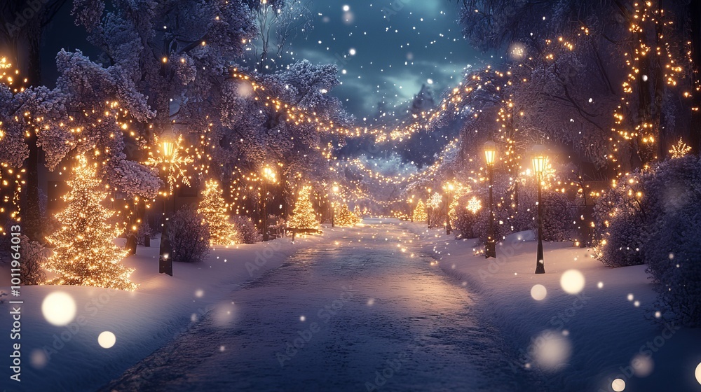 Sparkling Christmas lights cast a glow on the wintery scene, where fluffy snowflakes dance on a blanket of snow, creating a magical atmosphere. Sparkling Christmas lights cast a glow on the wintery scene, where fluffy snowflakes dance on a blanket of snow, creating a magical atmosphere.