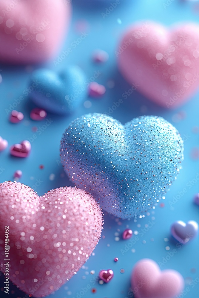 Obraz premium A blue background with pastel-colored hearts. Space for text. Wallpaper, banner, poster, background.
