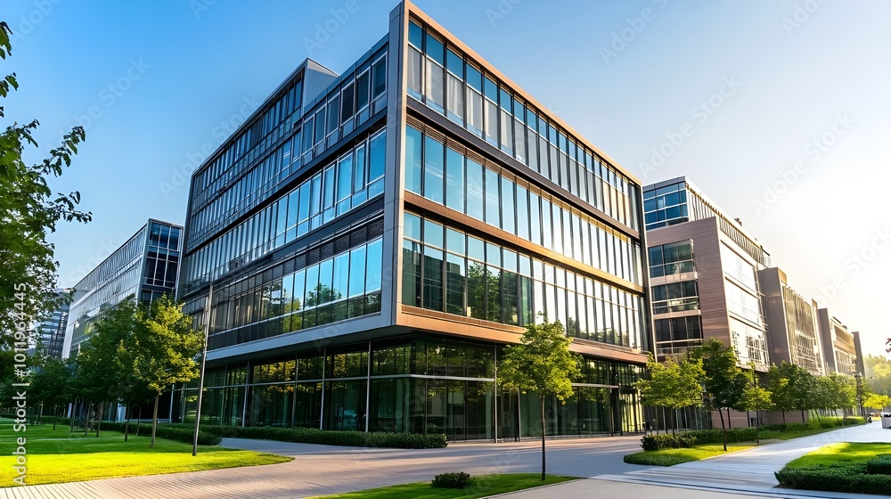 Obraz premium A sleek modern glass office building reflecting the clear sky, surrounded by greenery