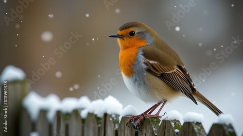 Winter European Robin on a garden fence