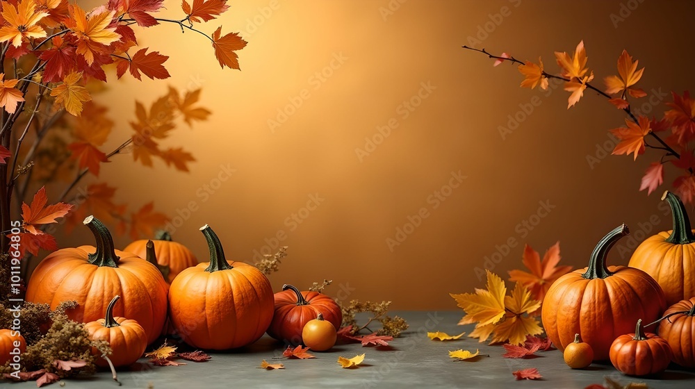 Naklejka premium An attractive background with beautiful decorations for thanksgiving. Pumpkins and fruits are surrounded by flowers, vegetables and leaves