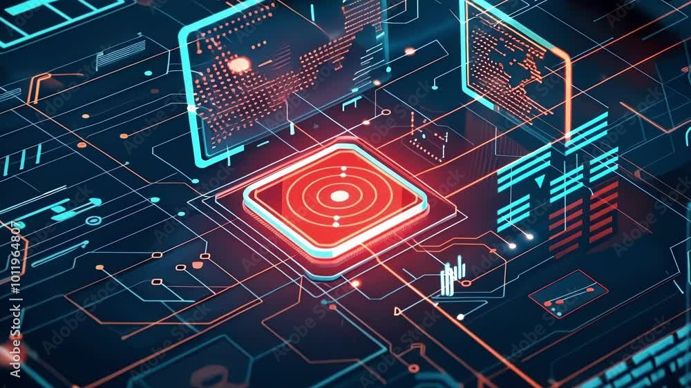 Complex network security system is running with red and blue lights, protecting data and keeping online information safe Complex network security system is running with red and blue lights, protecting data and keeping online information safe