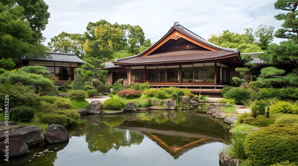 A traditional Japanese house surrounded by a peaceful garden, embodying simplicity, nature, and cultural heritage A traditional Japanese house surrounded by a peaceful garden, embodying simplicity, nature, and cultural heritage