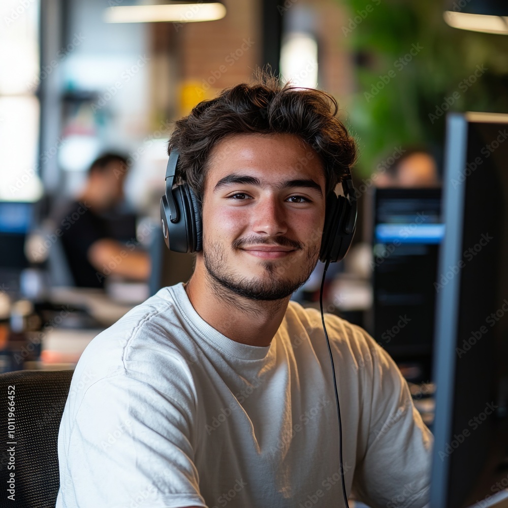 Smiling Customer Service Representative Working in Call Center Office Environment Smiling Customer Service Representative Working in Call Center Office Environment