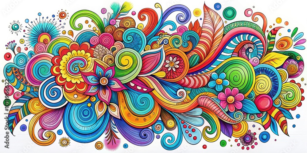 Colorful abstract doodle design with playful swirls and shapes on a white background for creativity Colorful abstract doodle design with playful swirls and shapes on a white background for creativity