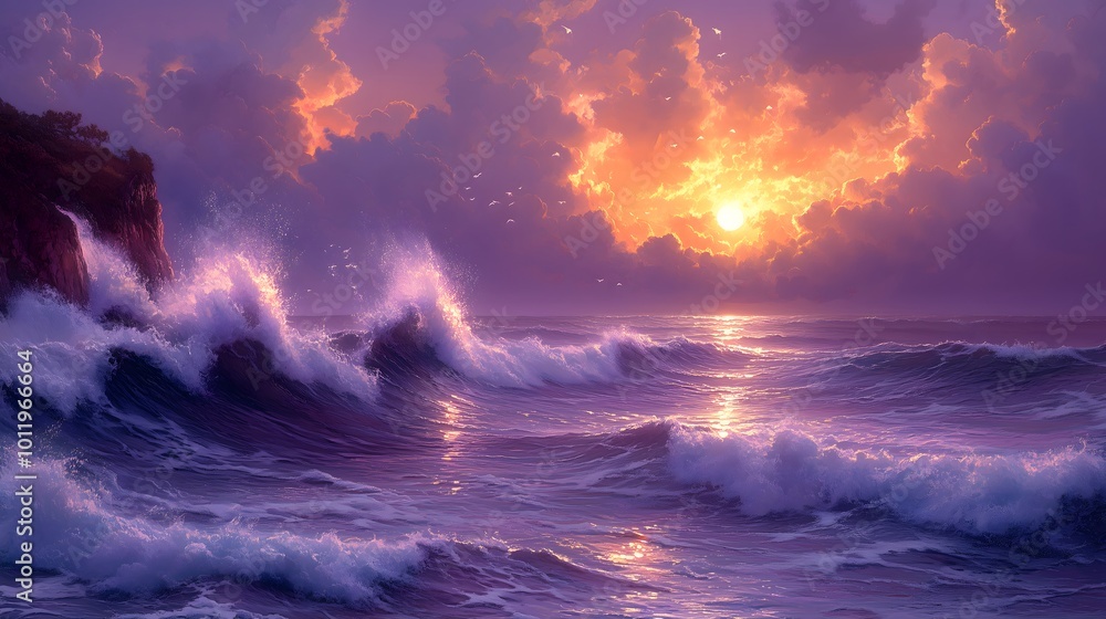 Fototapeta premium A hyperrealistic close-up of massive waves crashing against cliffs during a stormy twilight, deep purple and orange skies, sunlight breaking through clouds, water sparkling in violet and gold, 