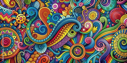 Colorful Abstract Doodle Pattern with Swirls, Shapes, and Lines Creating a Playful Artistic Vibe