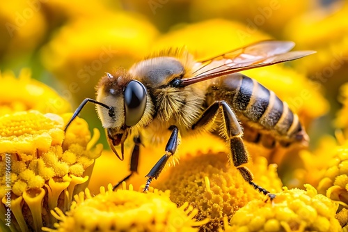 Macro Shot ultra-close-up of a honeybee collecting nectar. showcasing intricate details of nature in full bloom, perfect for nature and wildlife themes photo