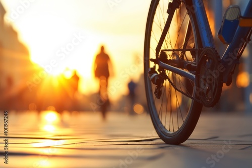a bicycle is parked on the street at sunset