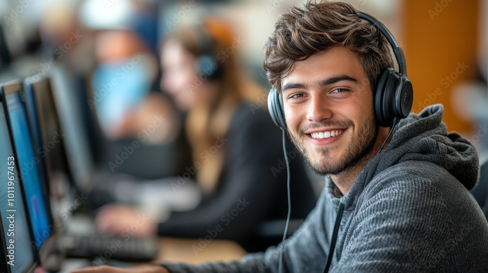Smiling Customer Service Representative Working in Call Center Office Environment Smiling Customer Service Representative Working in Call Center Office Environment