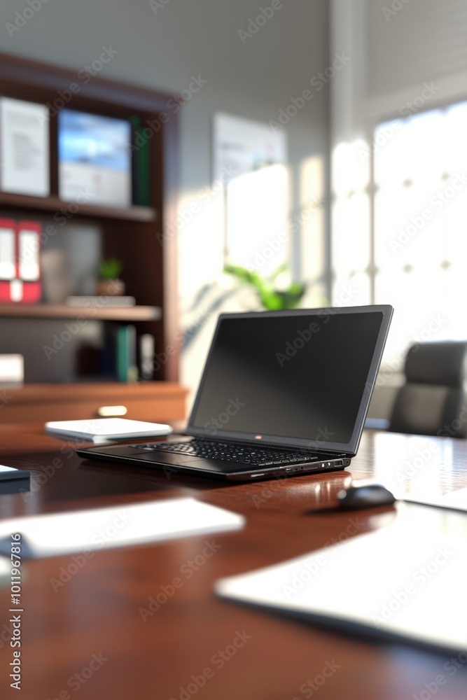 a desk with a laptop and papers on it a desk with a laptop and papers on it