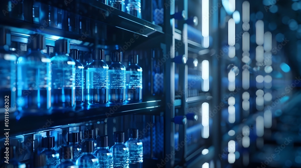 Futuristic DNA Data Center with Sleek Vial Storage Racks Representing Future of Digital Information Futuristic DNA Data Center with Sleek Vial Storage Racks Representing Future of Digital Information