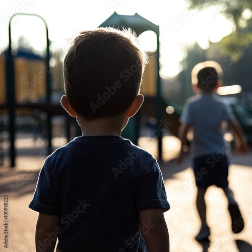 two young boys are walking on a playground photo