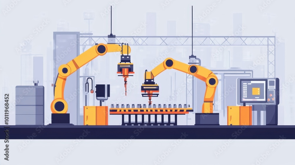 Advanced machines operating in sync to create complex products in an industrial setting. Advanced machines operating in sync to create complex products in an industrial setting.