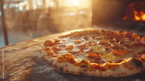 Sizzling hot pizzas straight from the oven, captured in stunning 4K Ultra HD. They rest on a rustic wooden table, tantalizingly close. photo