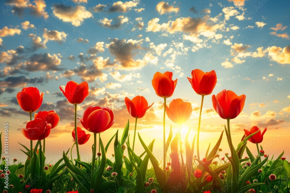 Red tulips bloom in a field at sunset, the sun casting a warm glow on the petals. Red tulips bloom in a field at sunset, the sun casting a warm glow on the petals.