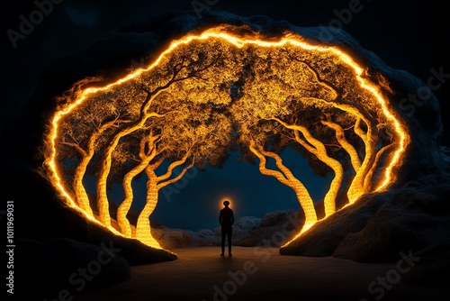 A person standing in a dreamlike forest where the trees glow with knowledge, symbolizing the humanist quest for wisdom and enlightenment in a magical world photo