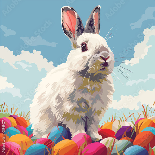 Rabbit Sitting in a Field of Colorful Eggs