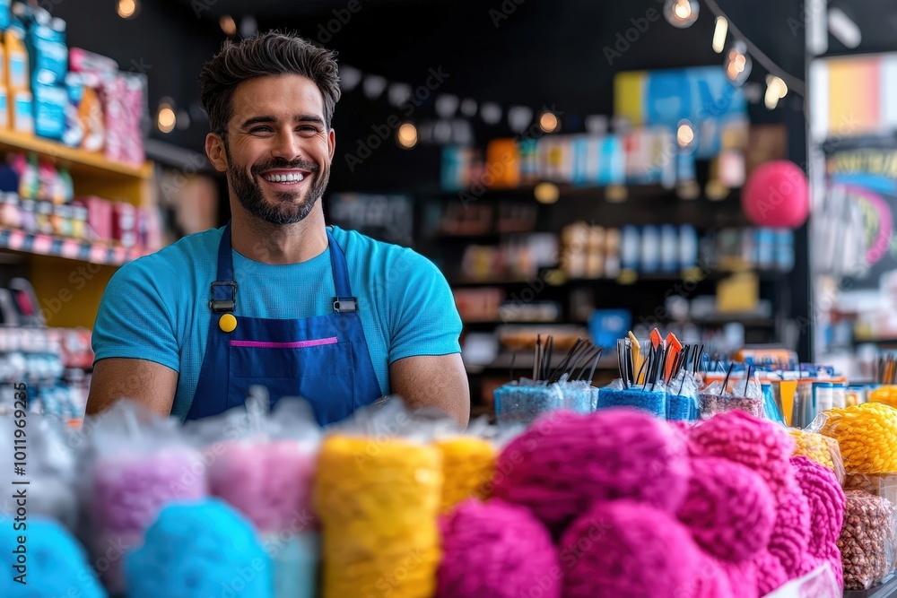 A joyful man with a beard and blue shirt stands behind the counter in a candy shop, surrounded by colorful jars, exuding warmth and friendliness in a bright setting. A joyful man with a beard and blue shirt stands behind the counter in a candy shop, surrounded by colorful jars, exuding warmth and friendliness in a bright setting.