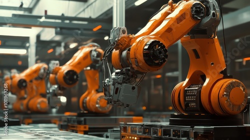 Industrial robots working in tandem, performing advanced operations in a tech-driven factory.