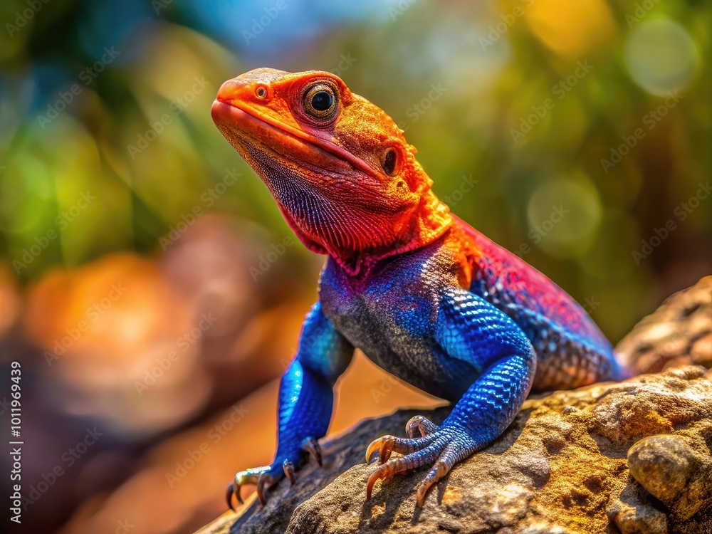 Colorful Agama Lizard basking on a rock in natural habitat under bright sunlight in the wild Colorful Agama Lizard basking on a rock in natural habitat under bright sunlight in the wild
