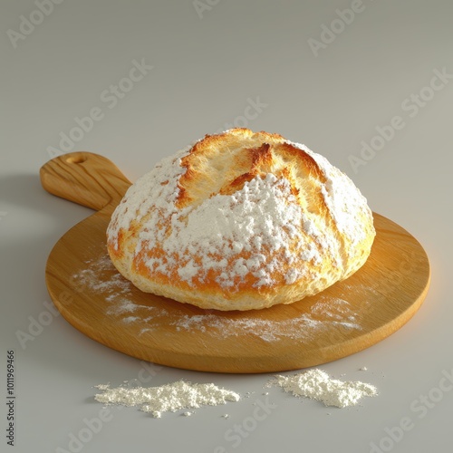 a bread on a wooden board with powdered sugar photo