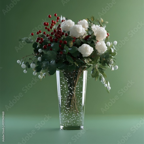 a vase filled with white flowers and red berries photo