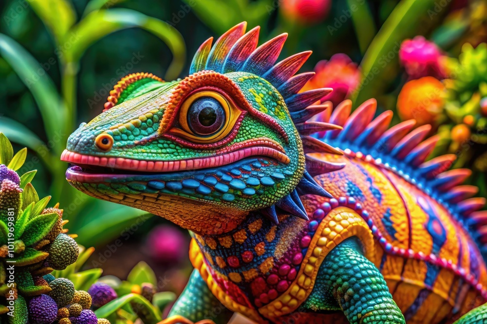 Obraz premium Colorful Alebrije Lizard Sculpture with Intricate Patterns and Vibrant Colors on Display Background
