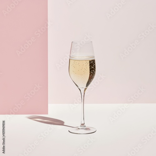 a glass of champagne on a pink background