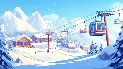 Ski resort illustration. Snowy slope, ski lift, and funicular. Winter sports in the mountains. Skiing and snowboarding. Weekend fun.