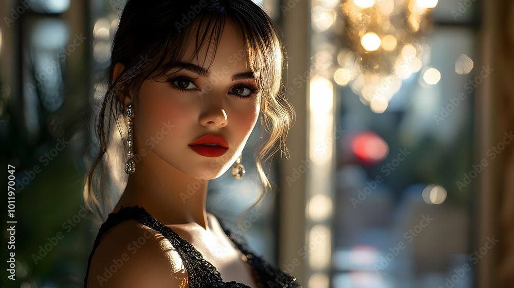 Portrait of a Young Woman with Red Lipstick and Sparkling Earrings Portrait of a Young Woman with Red Lipstick and Sparkling Earrings