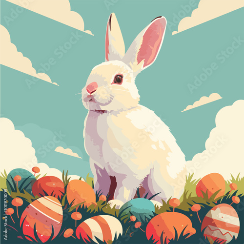 Rabbit Sitting in a Field of Colorful Eggs